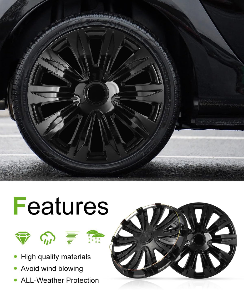 Hubcaps Wheel Cover 17" 4 PCS Bright Black