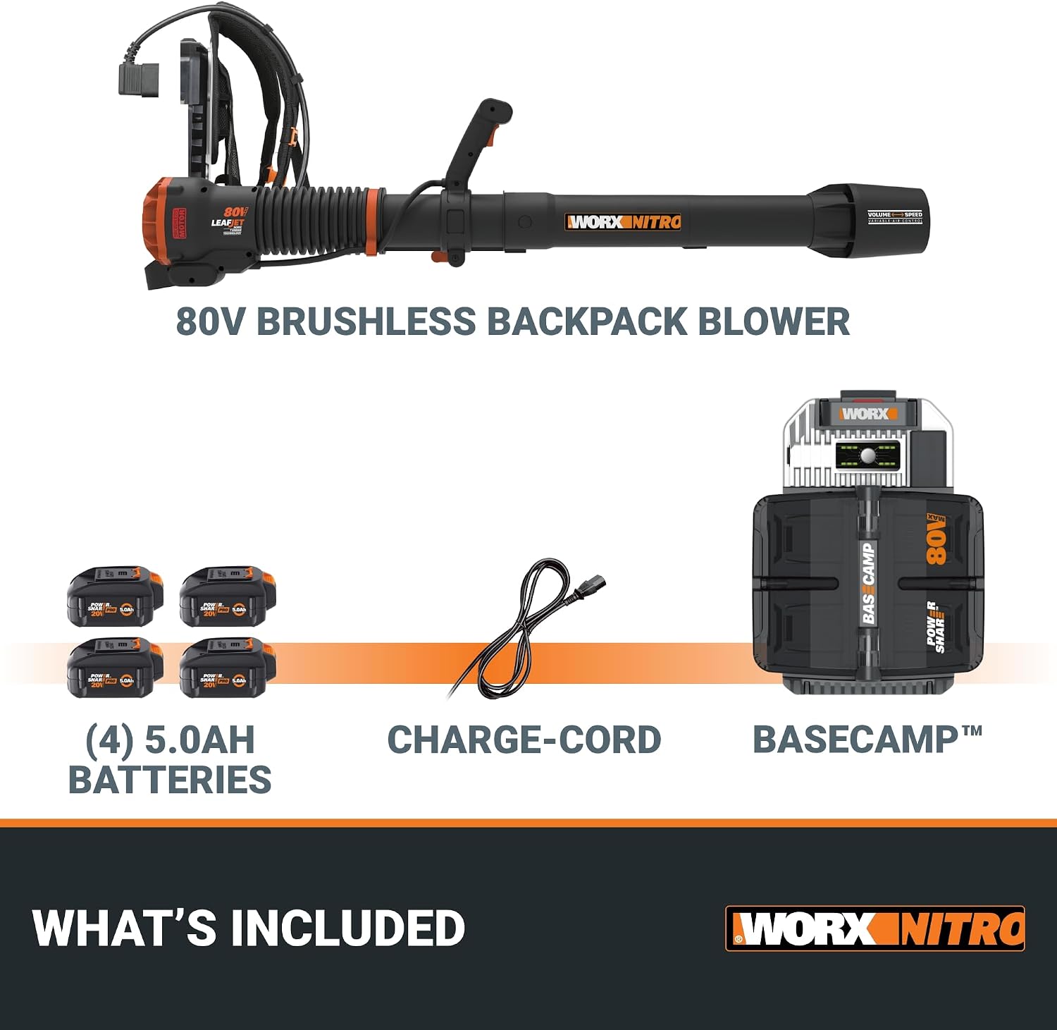 Backpack Leaf Blower, 80V Electric Blower for Heavy-Duty Tasks, WG572 | Brushless, 800CFM & 150MPH Airflow, Sonic