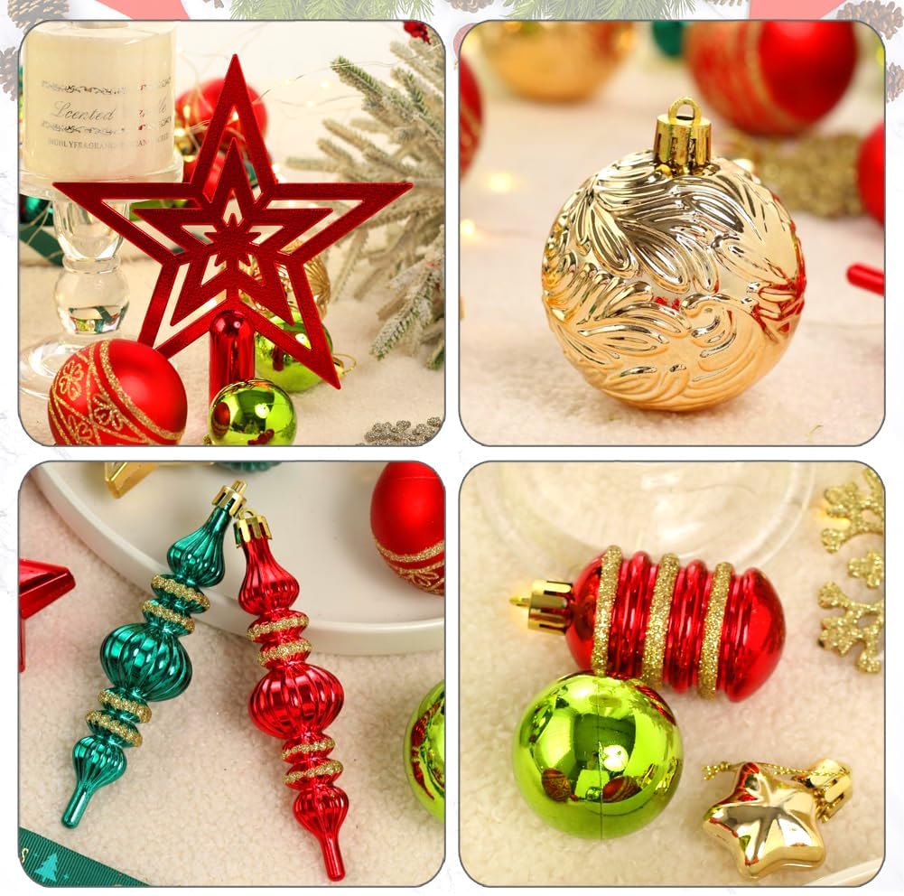 Christmas Tree Ornaments Set 78 Pack Red and Green Gold Christmas Baubles | Christmas Ball Shatterproof Hanging Tree