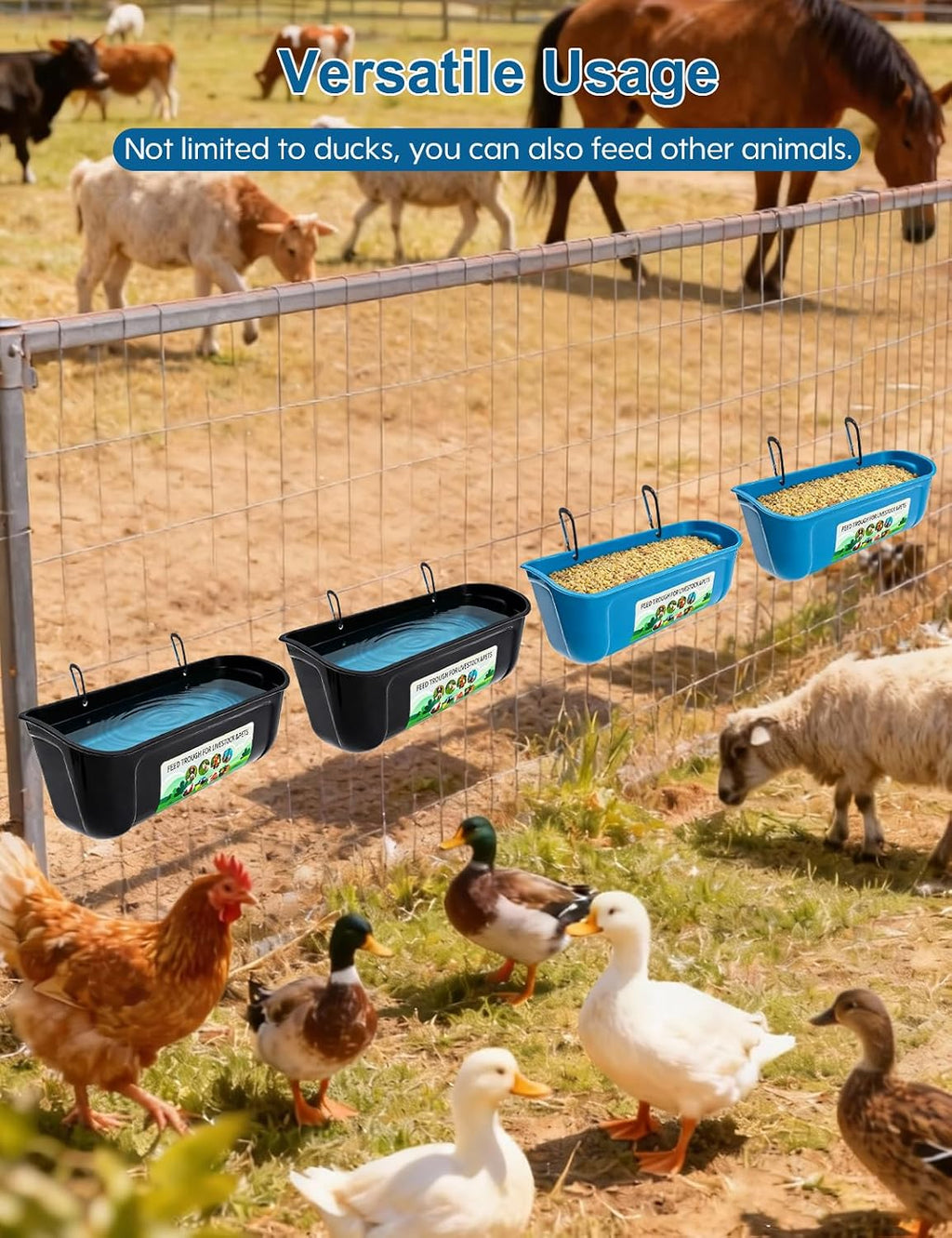 Duck Water Feeder,4 Pack Hanging Ducks Feeder and Ducks Waterer Set,Drake Fence Feed Trough with Clips, Poultry