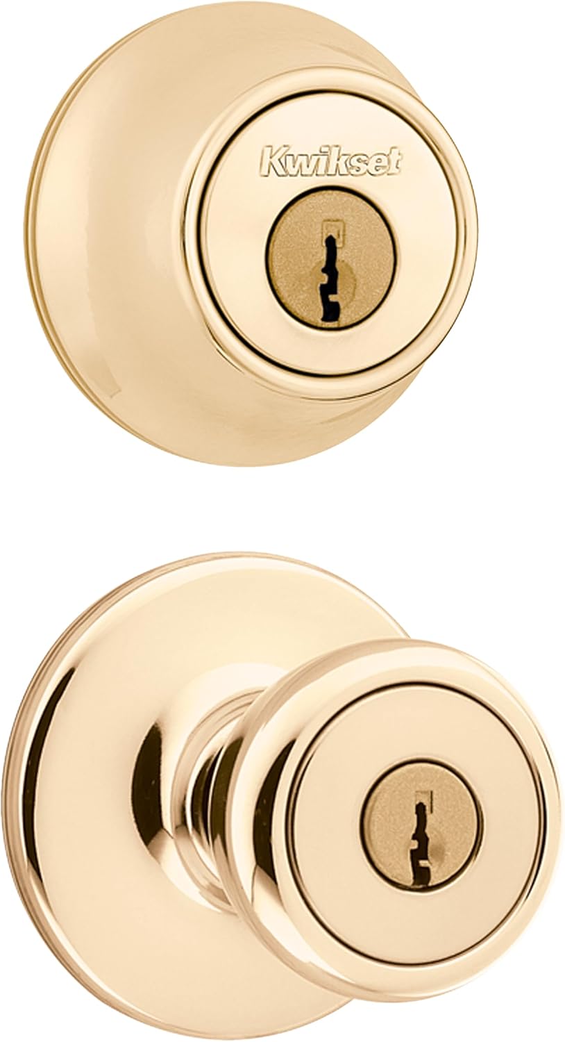 96900-305 Frustration_Free 690 Tylo Keyed Entry Knob & Single Cylinder Deadbolt Combo (1-Pack), Polished Brass