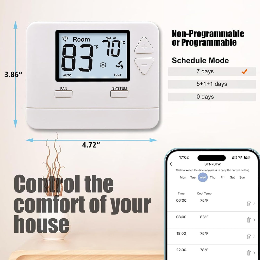 WiFi Thermostat 1 Heat/1 Cool for Home Conventional System | C-Wire Required, APP Remote Control, 7-Day or 0-Day