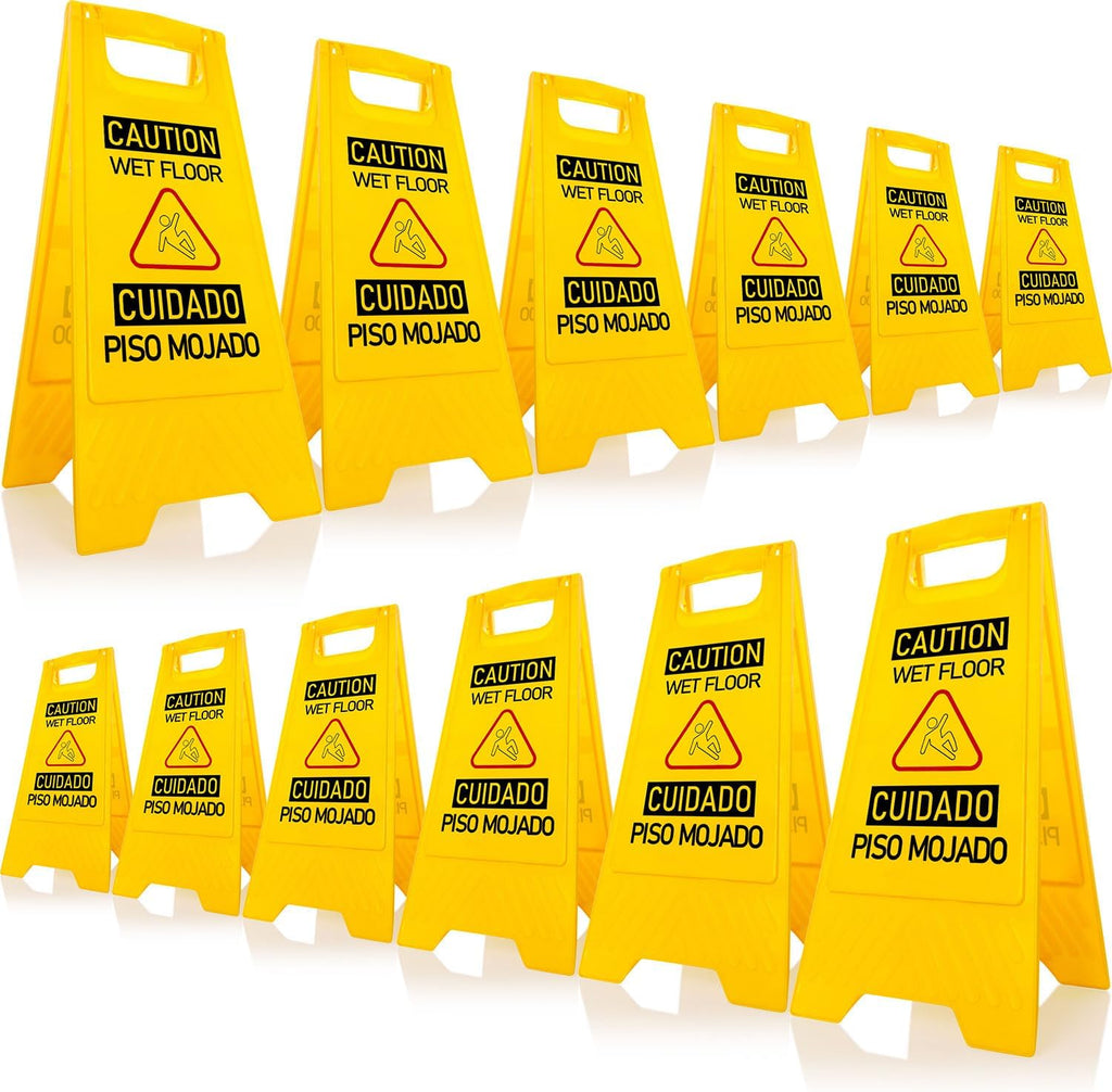 12-Pack A-Frame Double-Sided Bilingual Caution Wet Floor Signs | Durable Foldable Yellow Caution Signs for Kitchen