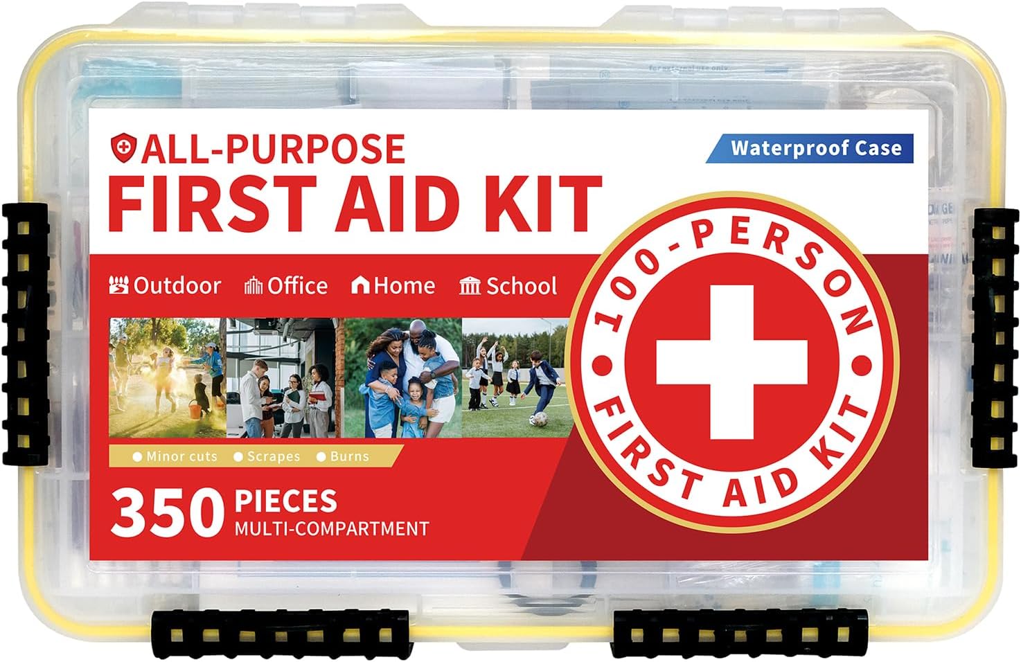 350-Piece All-Purpose 100-Person Emergency First Aid Kit – Waterproof Plastic Case | Clearly Organized for Fast