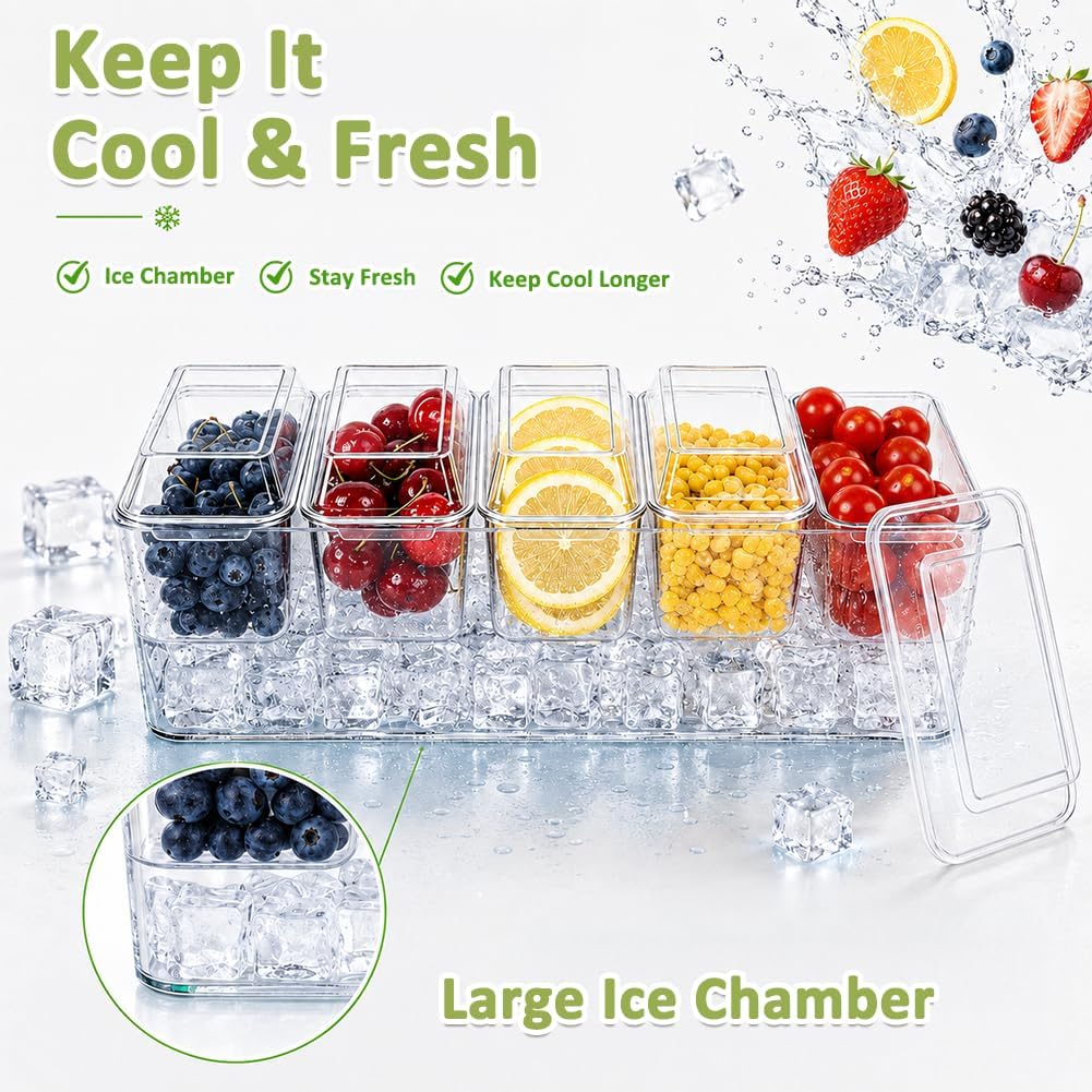 Ice Chilled Condiment Caddy, 5 Compartments with Lids and Utensils