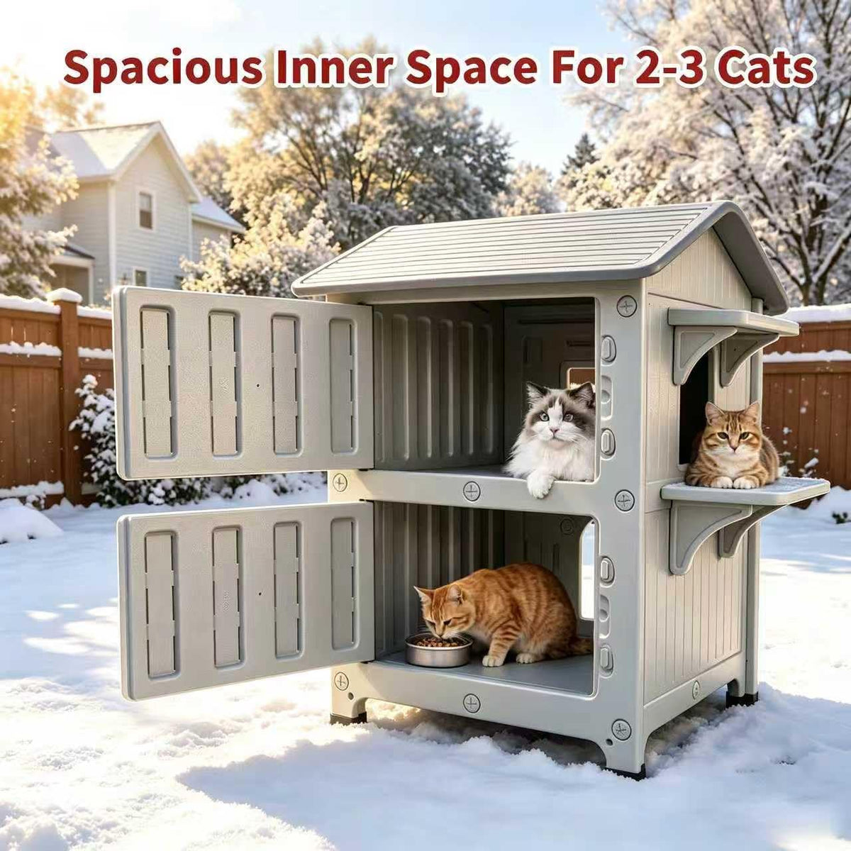 100% Insulated Outdoor Cat Houses for Winter, 2-Story Cat House Escape Door
