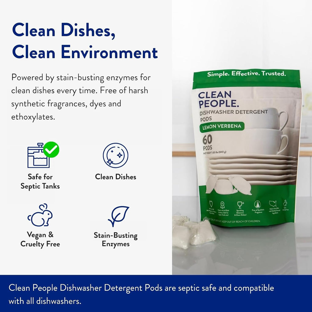 Clean People Dishwasher Pods - Cuts Grease & Rinses Sparkling Clean - Residue-Free - Phosphate Free Dishwashing Pods