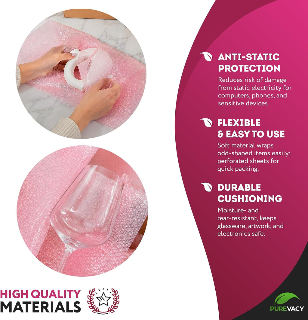 Anti-Static Pink Small Bubble Wrap, 3/16 Inch, 12 Inch x 175 Ft Roll, Perforated Protective Cushioning for