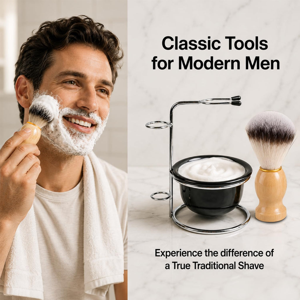 Men's 3 in 1 Shaving Brush Set, Nylon Brush with Stand & Bowl, Wet Shave Kit for Father's Day Gift | Soft nylon