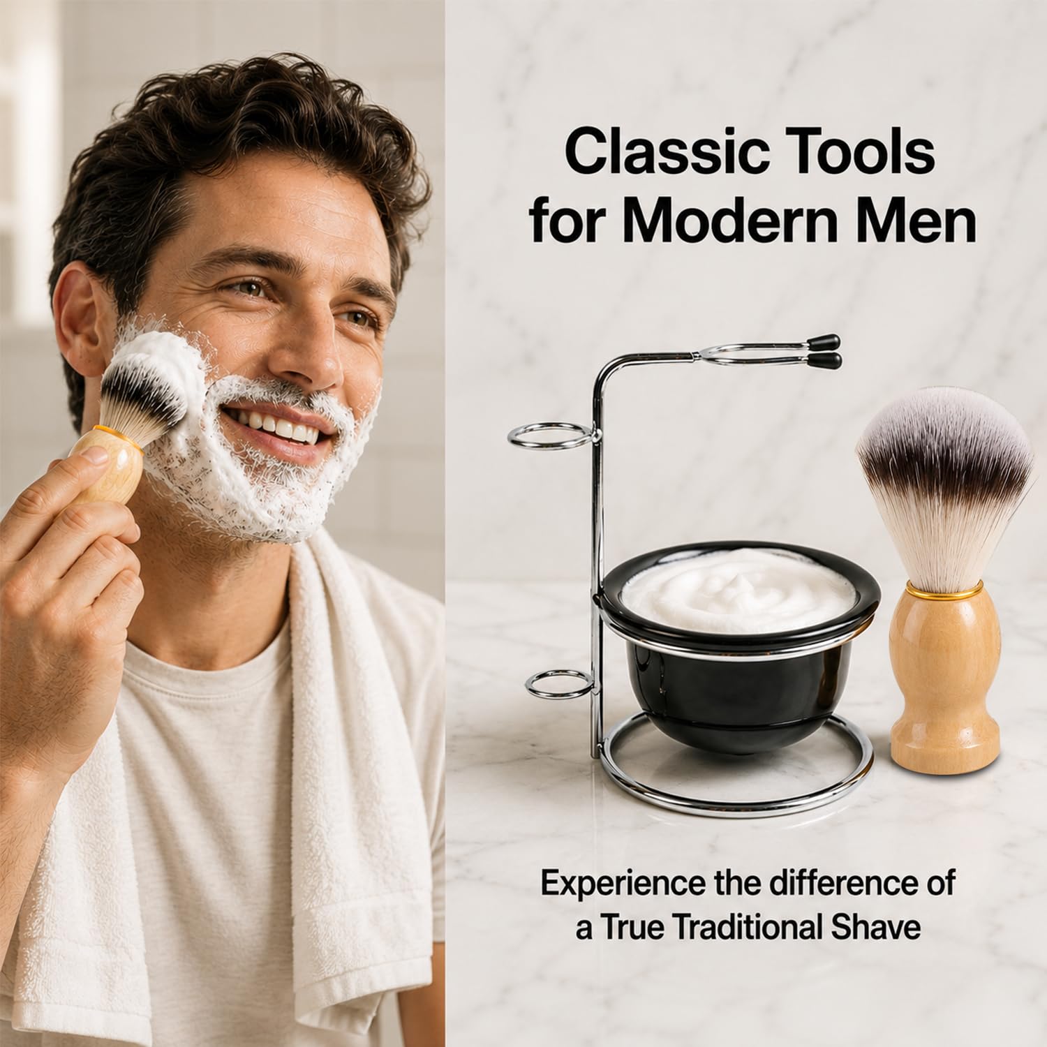 Men's 3 in 1 Shaving Brush Set, Nylon Brush with Stand & Bowl, Wet Shave Kit for Father's Day Gift | Soft nylon