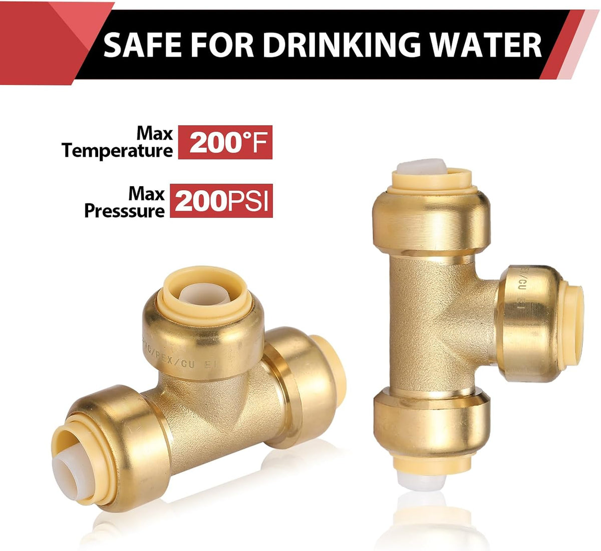(Pack of 5) EFIELD 3/4 Inch Tee Push-Fit Fitting to Connect Pex, Copper, CPVC with a Disconnect Clip,(PF082)