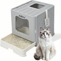 XLarge 80L Foldable Cat Litter Box with Lid, Top Exit & Front Entry Kitty Litter Box, Includes Litter Mat & Scoop