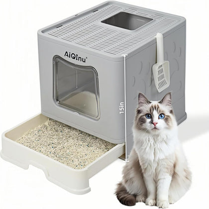 XLarge 80L Foldable Cat Litter Box with Lid, Top Exit & Front Entry Kitty Litter Box, Includes Litter Mat & Scoop