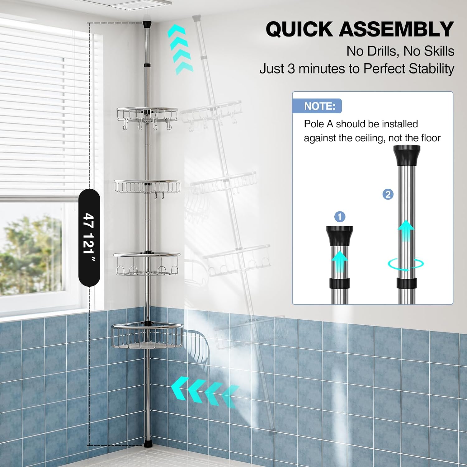 Corner Shower Caddy Tension Pole: Stainless Steel Rustproof 4-Tier Shower Organizer - 47-121 inch Adjustable Bathroom