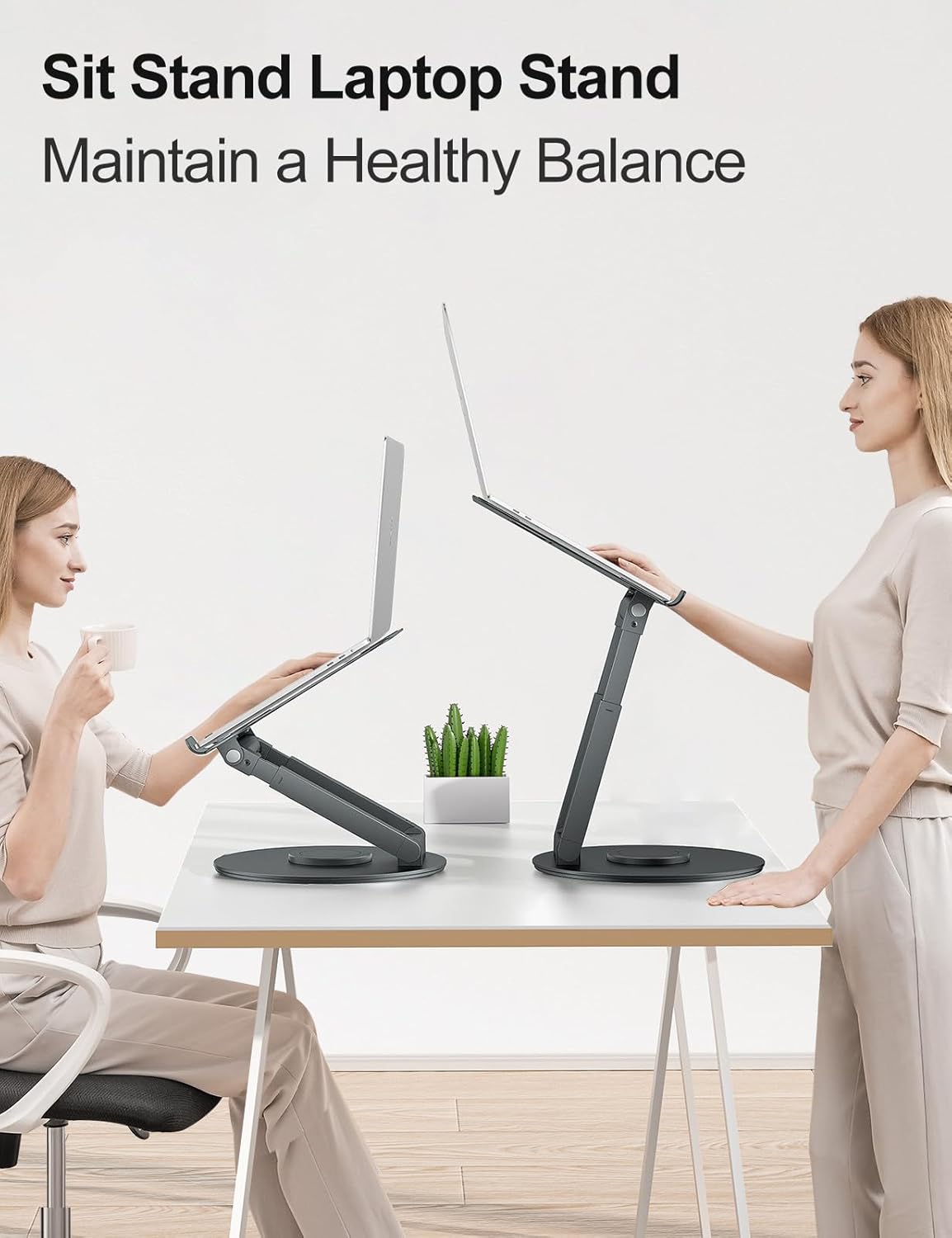 Telescopic Laptop Stand for Desk with 360° Swivel Base, Sit to Stand, Height Adjustable, Portable Riser Holder for