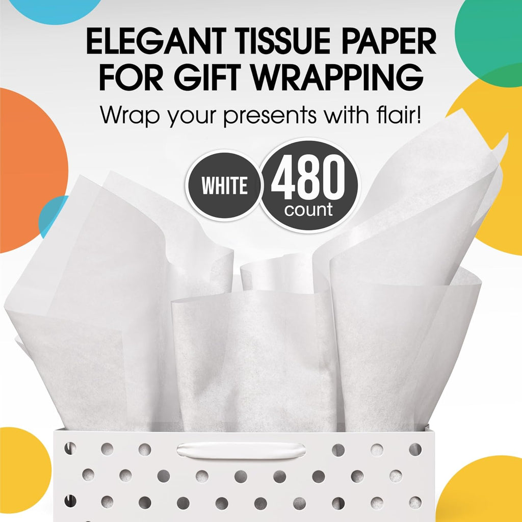 White Tissue Paper for Gift Bags - 20" X 30" Bulk Tissue Paper White 480 Sheets - 10lb Newsprint for Packing