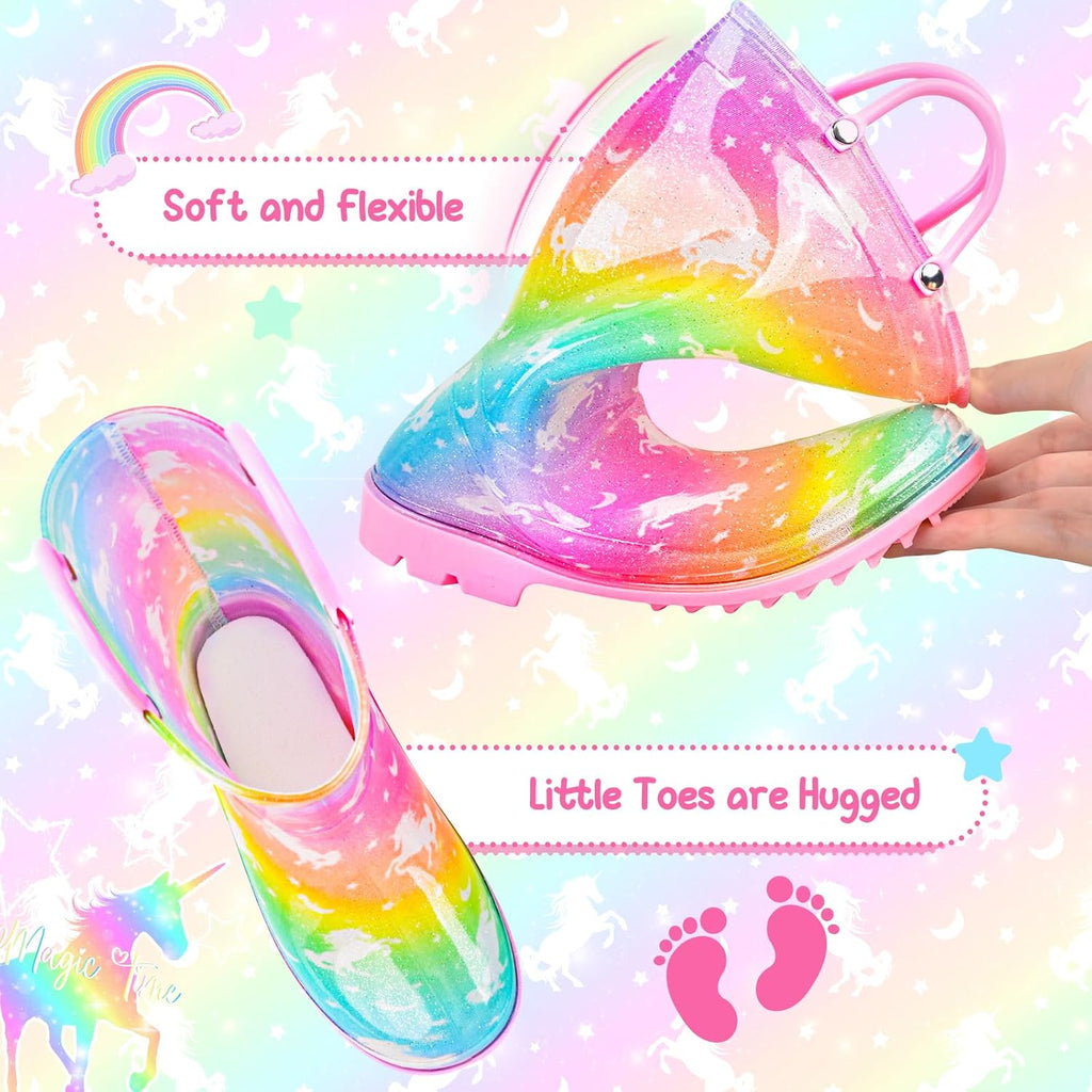 Toddler Rain Boots For Girls Waterproof Rainboots Little Girls Glitter Unicorn Rain Boots For Kids With Easy-On Handles