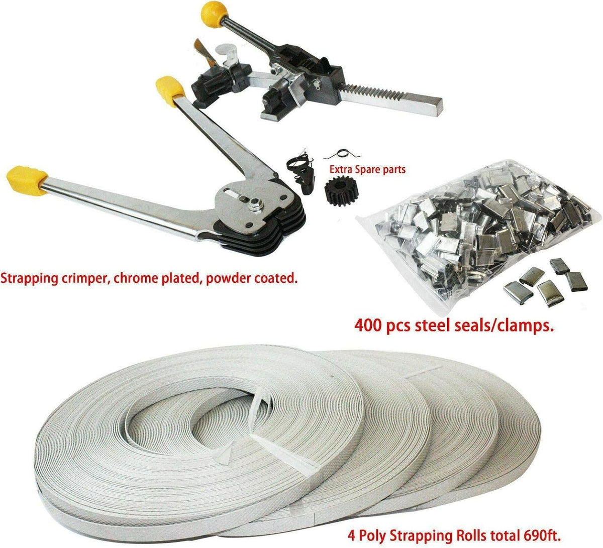 New Packaging STRAPPING TOOL KIT Crimper Strap 400 Seals & 4 Banding Rolls,Jikkolumlukka