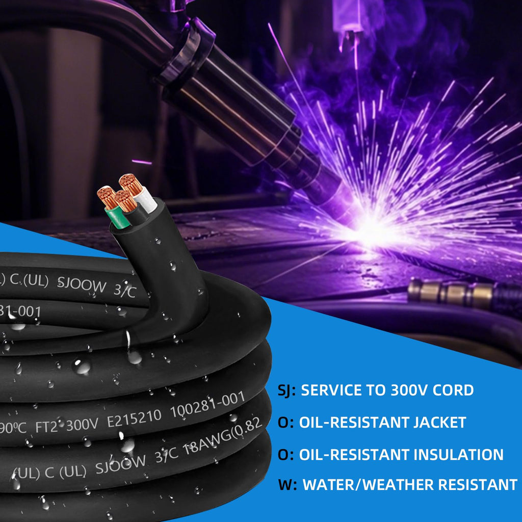 25ft SJOOW 18/3 Wire SJOOW Portable Power Cable,18 Gauge 3 Conductor Wire