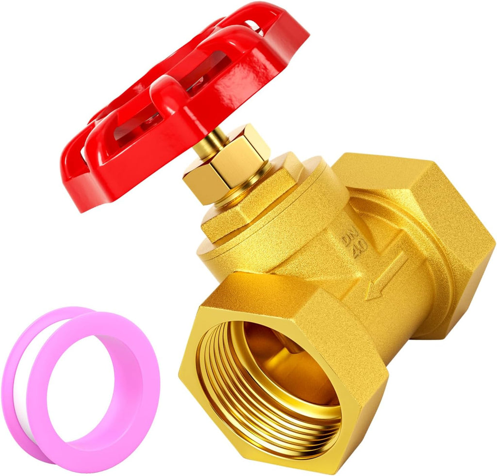 1-1/2" Female Thread Brass Industrial Globe Valves, DN40 Heavy Duty Globe Valves Wheel Red Handle with Teflon Tape for Water Oil Air