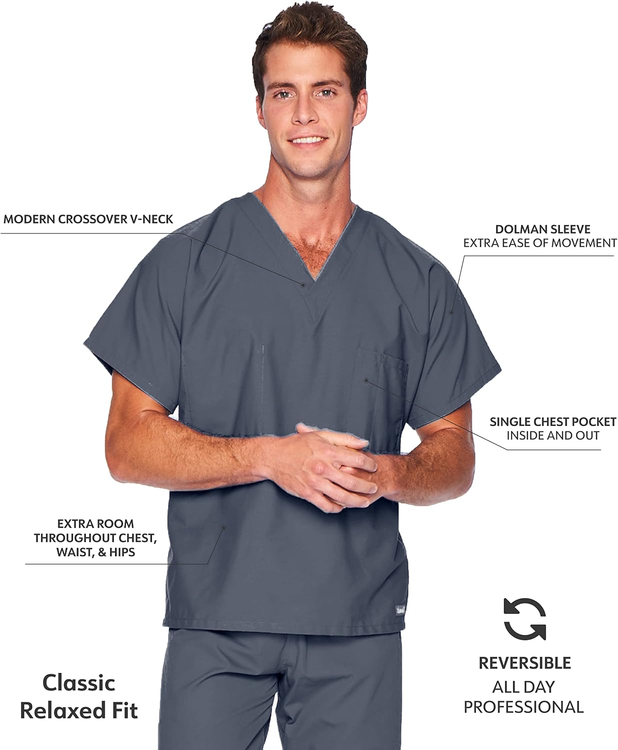 Essentials Unisex Relaxed Fit 1-Pocket V-Neck Scrub Top 7502 Steel Grey