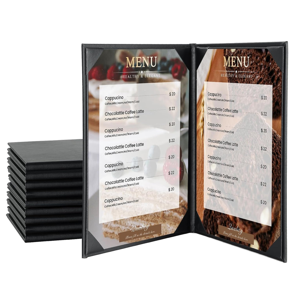 Menu Covers 8.5 x 11 Inch, 10 Pack, 2 View, Black PU Leather