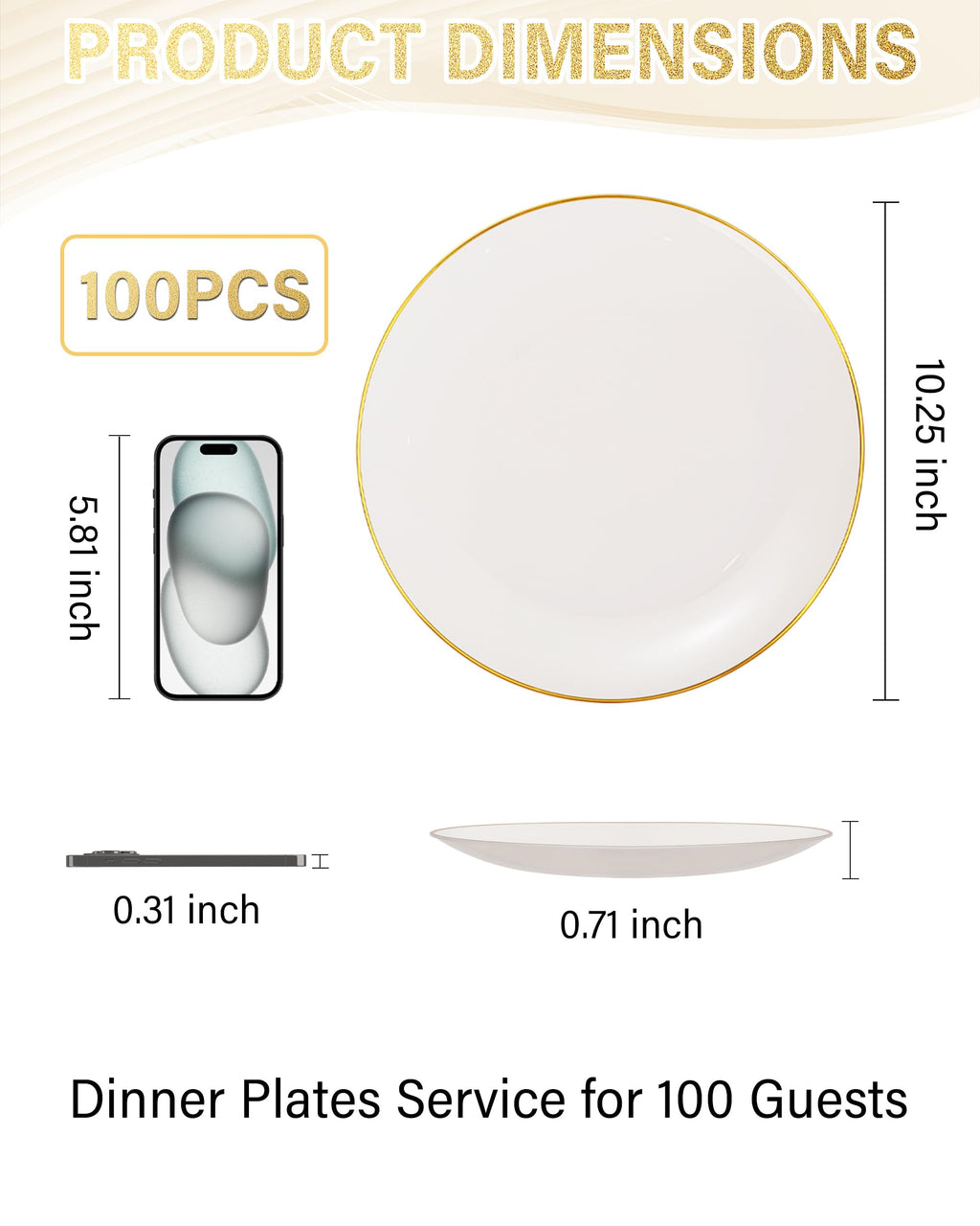 100PCS Ivory and Gold Plastic Plates 10.25″ Disposable Dinner Plate
