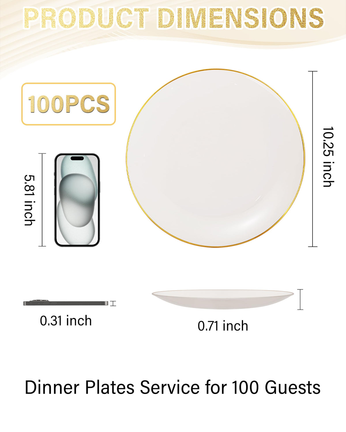 100PCS Ivory and Gold Plastic Plates 10.25″ Disposable Dinner Plate