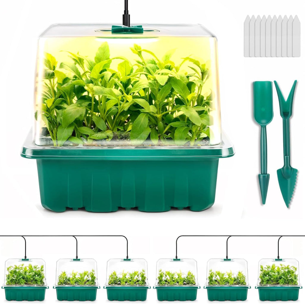 Seed Starter Tray with Grow Light, 6pcs Seed Starter Kits with Light and Adjustable Humidity Domes, Covers Height