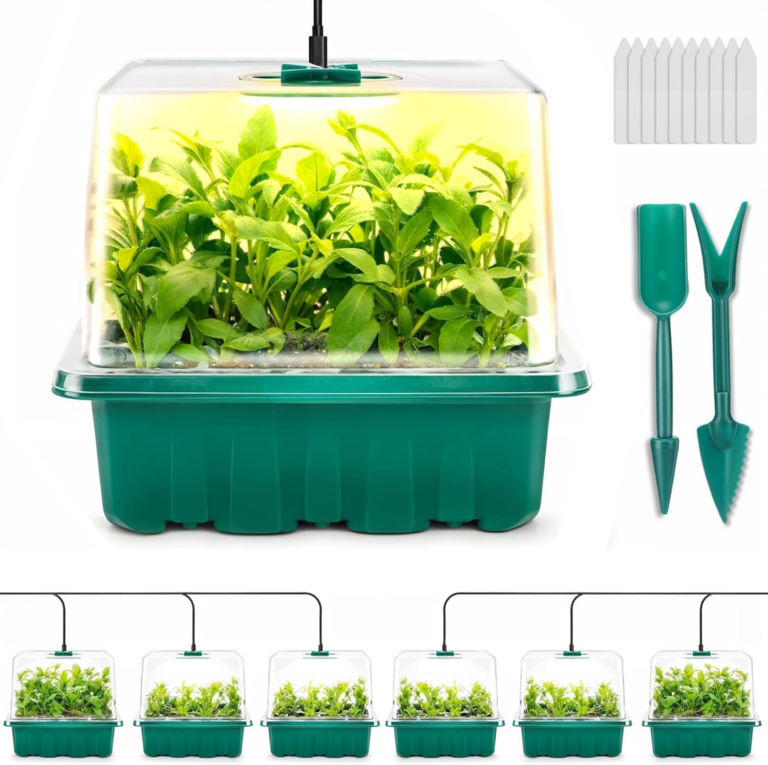Seed Starter Tray with Grow Light, 6pcs Seed Starter Kits with Light and Adjustable Humidity Domes, Covers Height