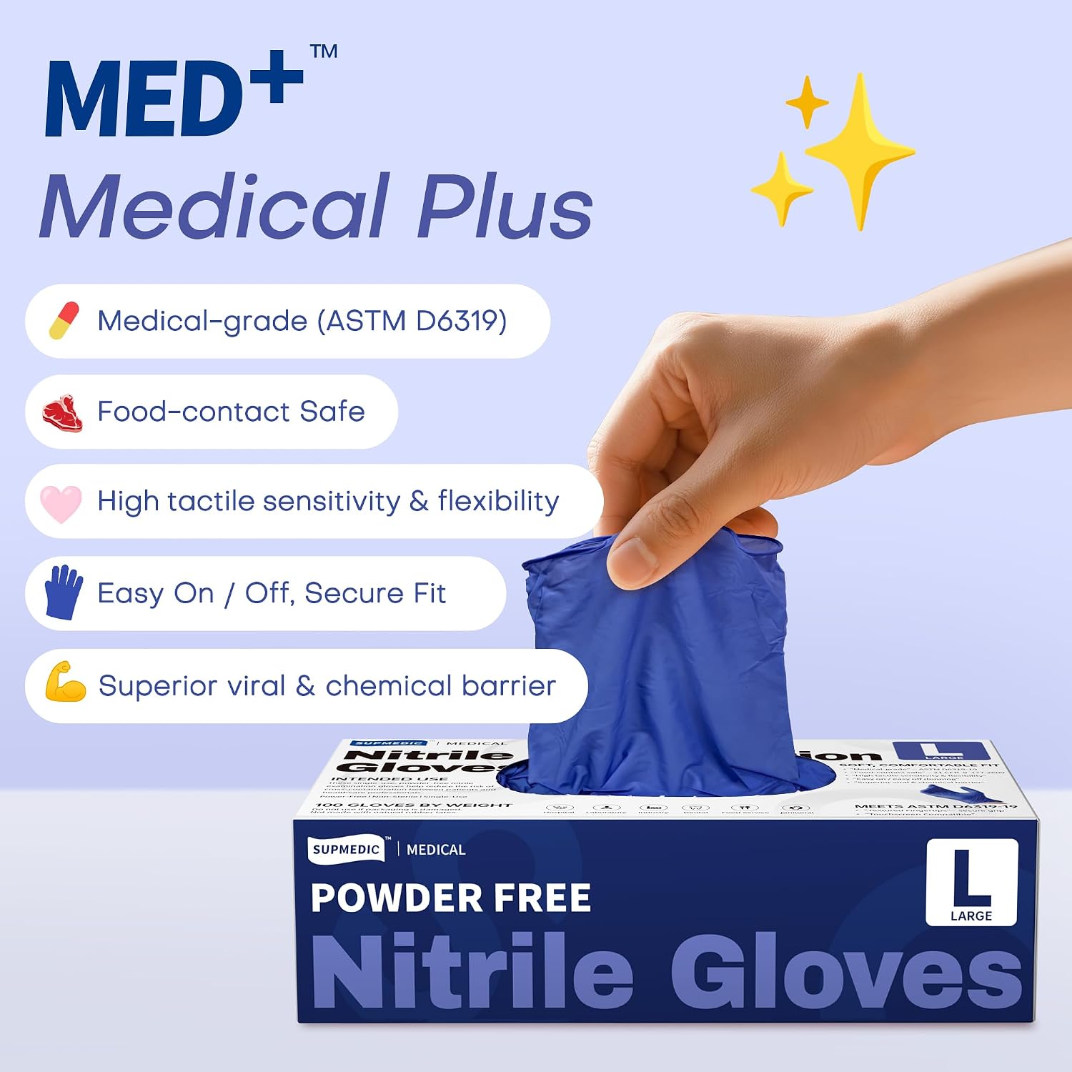 Nitrile Exam Gloves, 4 Mil MED+ Powder-Free Latex-Free Cooking Food-Safe Disposable Medical Gloves Blue Violet 100Ct