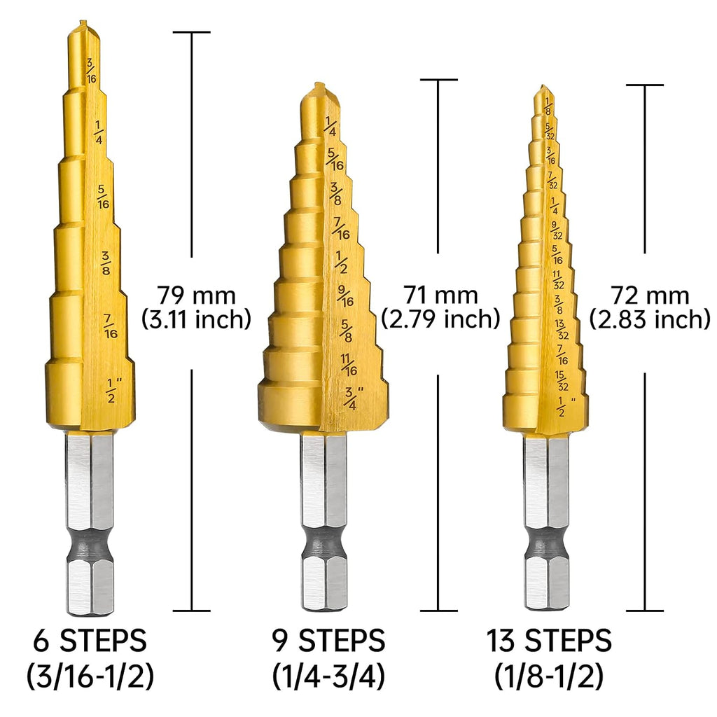 3PCS HSS Step Drill Bit Set for Metal Titanium Unibit