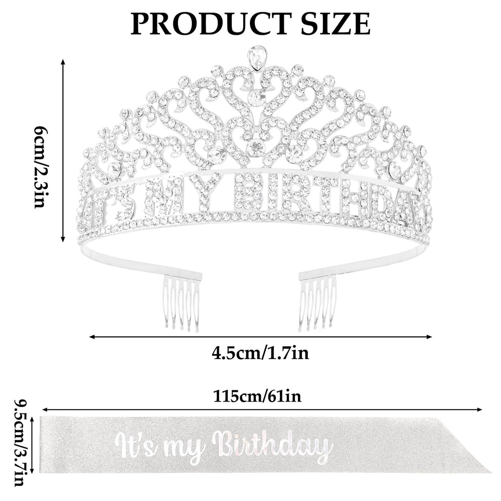 Silver Its My Birthday Sash and Crown for Women Girls Birthday Accessories for Women Princess Tiara Crown for Adult