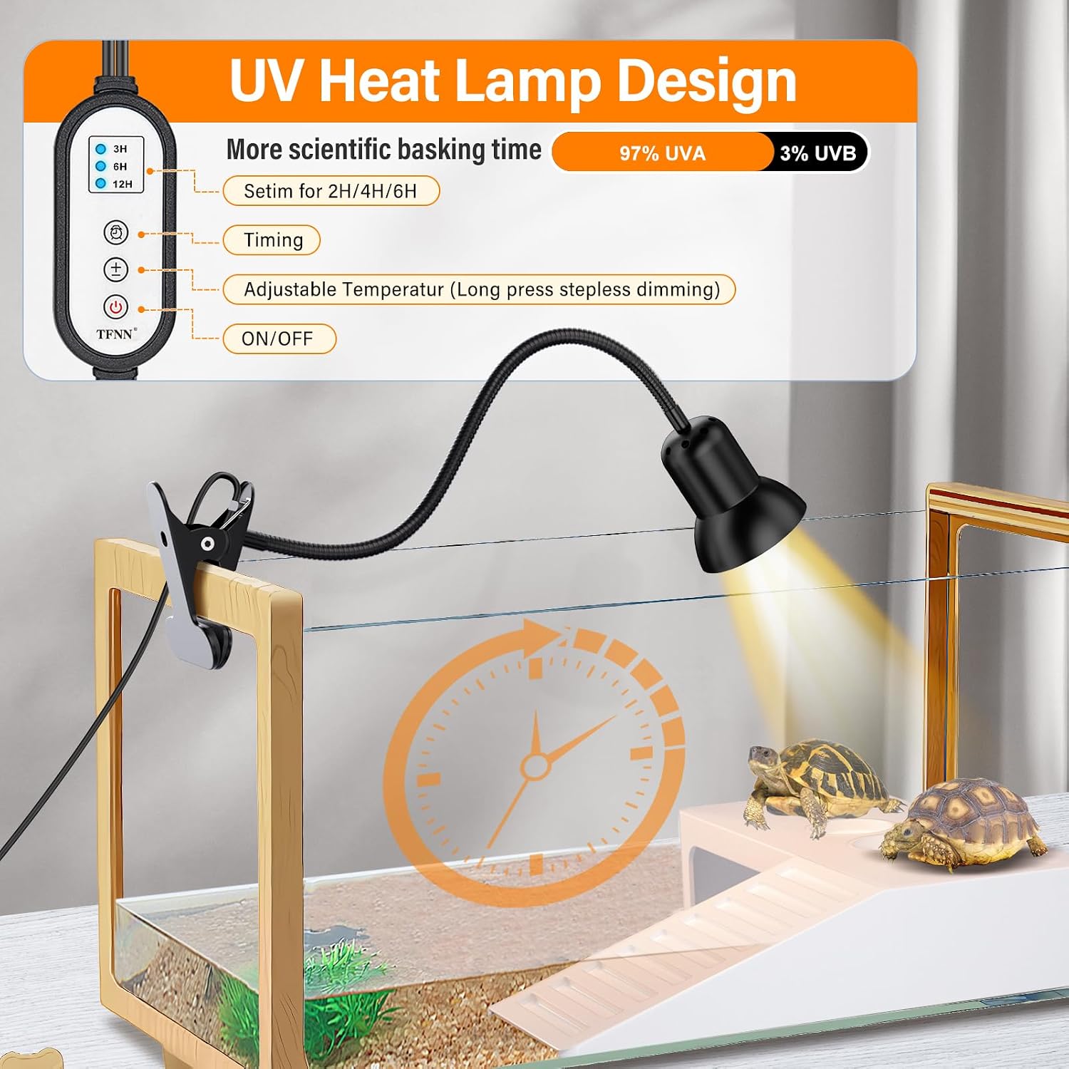 Reptile Heat Lamp, Heat Lamp with Clamp, UVA UVB Reptile Light with Intelligent Cycle Timer for Turtle, Bearded