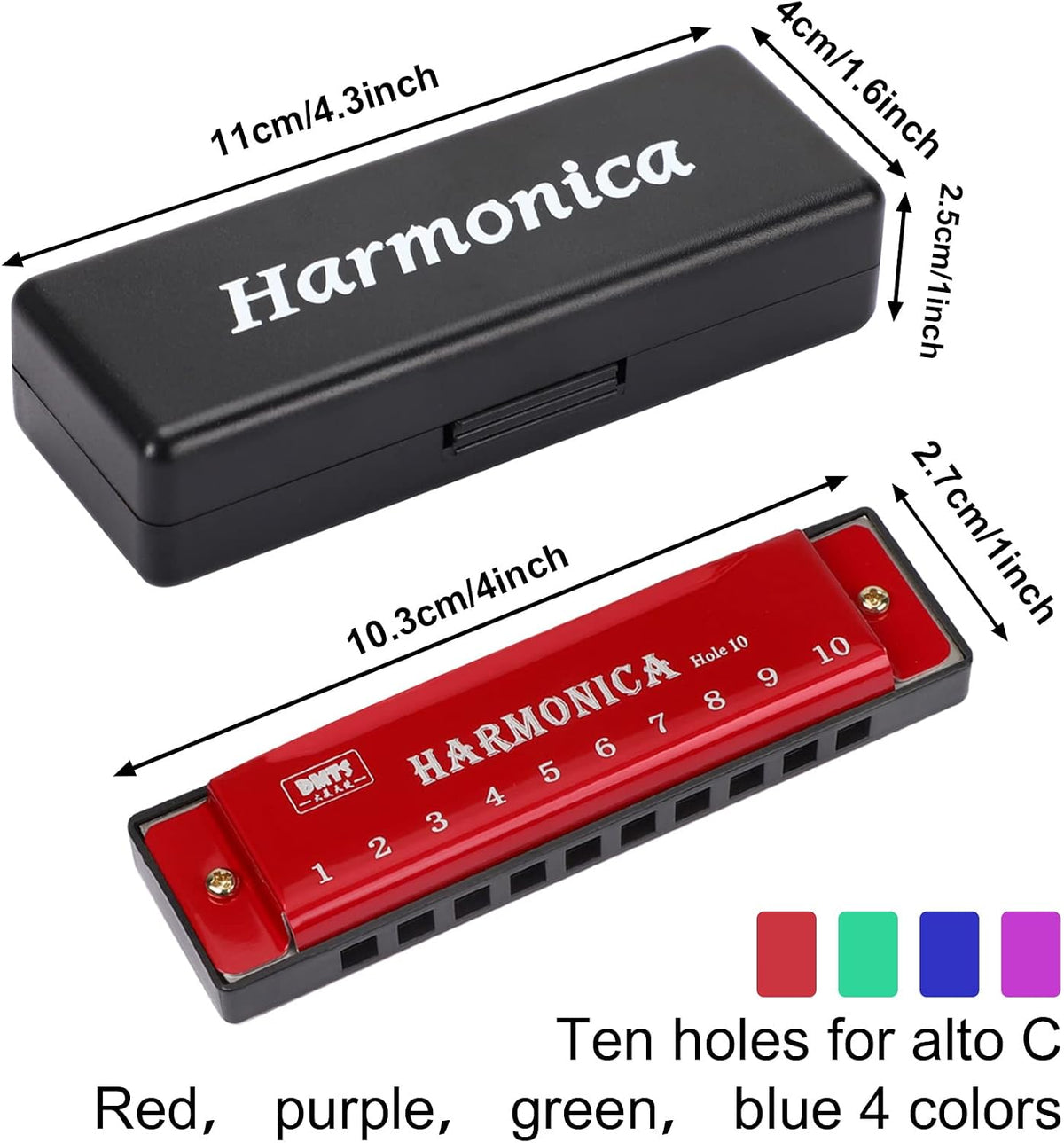 4PCS Key of C 10 Hole 10 Tones Titanium Color Harmonica | Portable with Case,Rich Sound Diatonic Red, Blue, Green