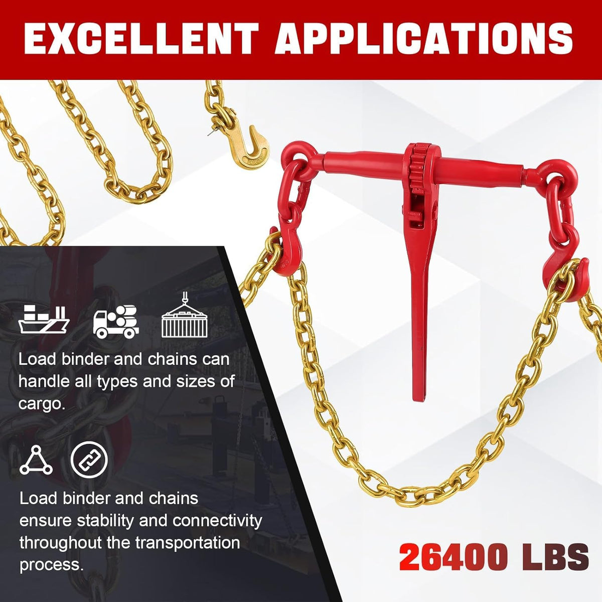 Ratchet Chain Binder Kit, Load Binder w/ 10 ft Chain/Grab Hooks