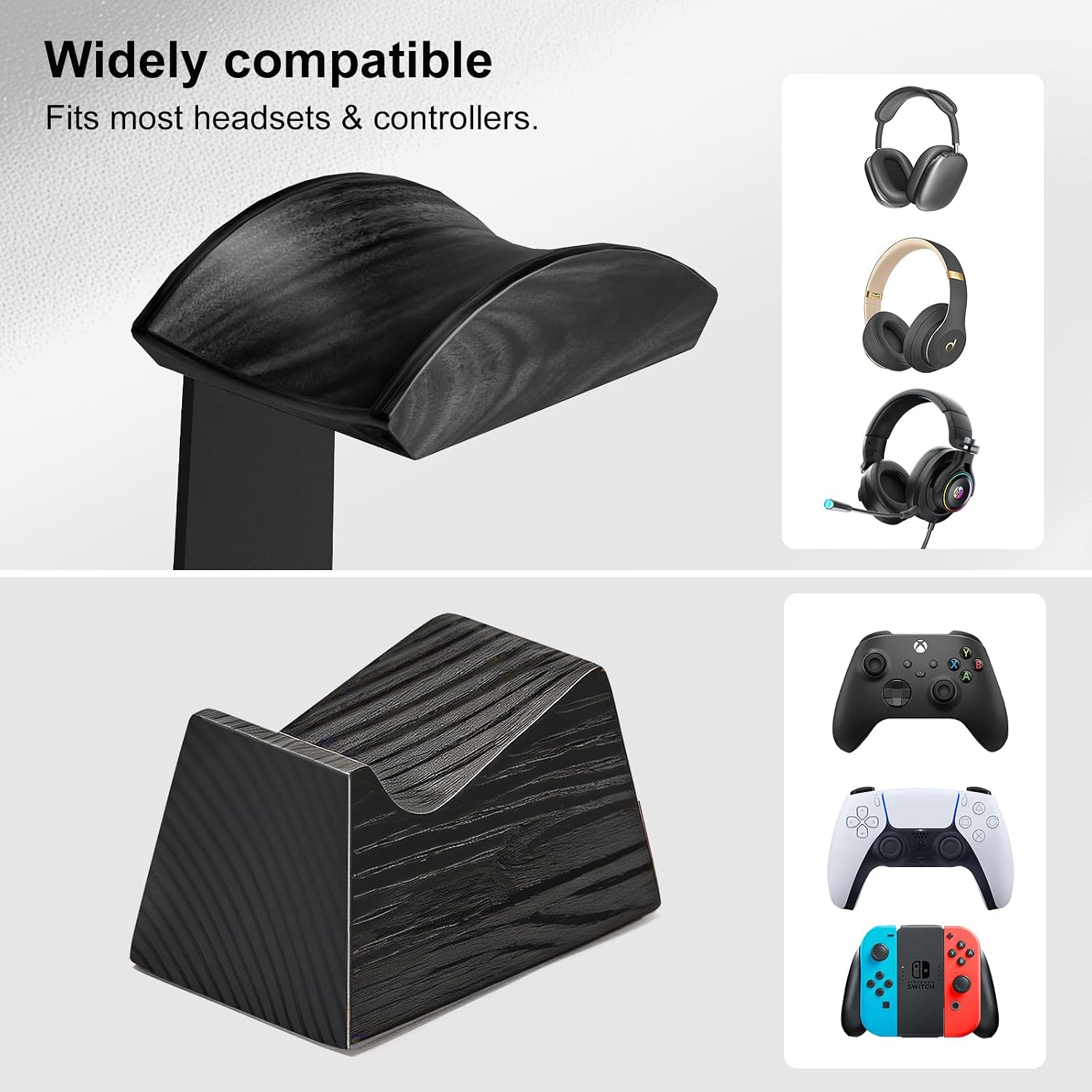 Headphone and Headset Stand with Controller Holders Gamer Gifts | Solid Wood, Holds 2 Controllers, Storage Tray for
