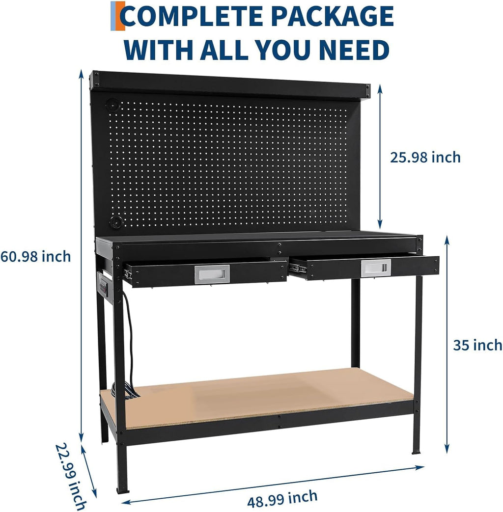 48" 2-Tier Garage Workbench, Heavy-Duty Cold-Rolled Steel Work Table with Back Panel, Lower Storage Shelf, Black Tool