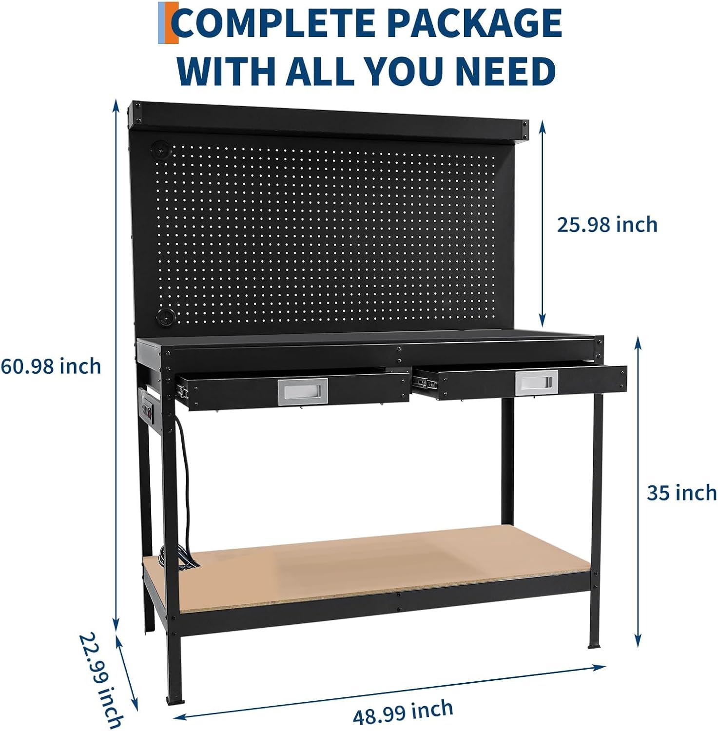 48" 2-Tier Garage Workbench, Heavy-Duty Cold-Rolled Steel Work Table with Back Panel, Lower Storage Shelf, Black Tool