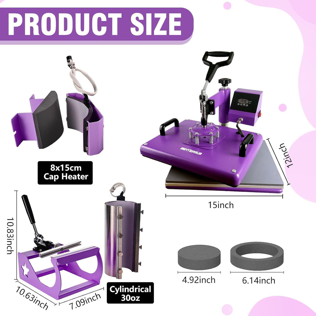 5 in 1 Heat Press Machine 12x15 inch, Industrial-Quality Sublimation Press with 30oz Tumbler Attachment & Curved Hat