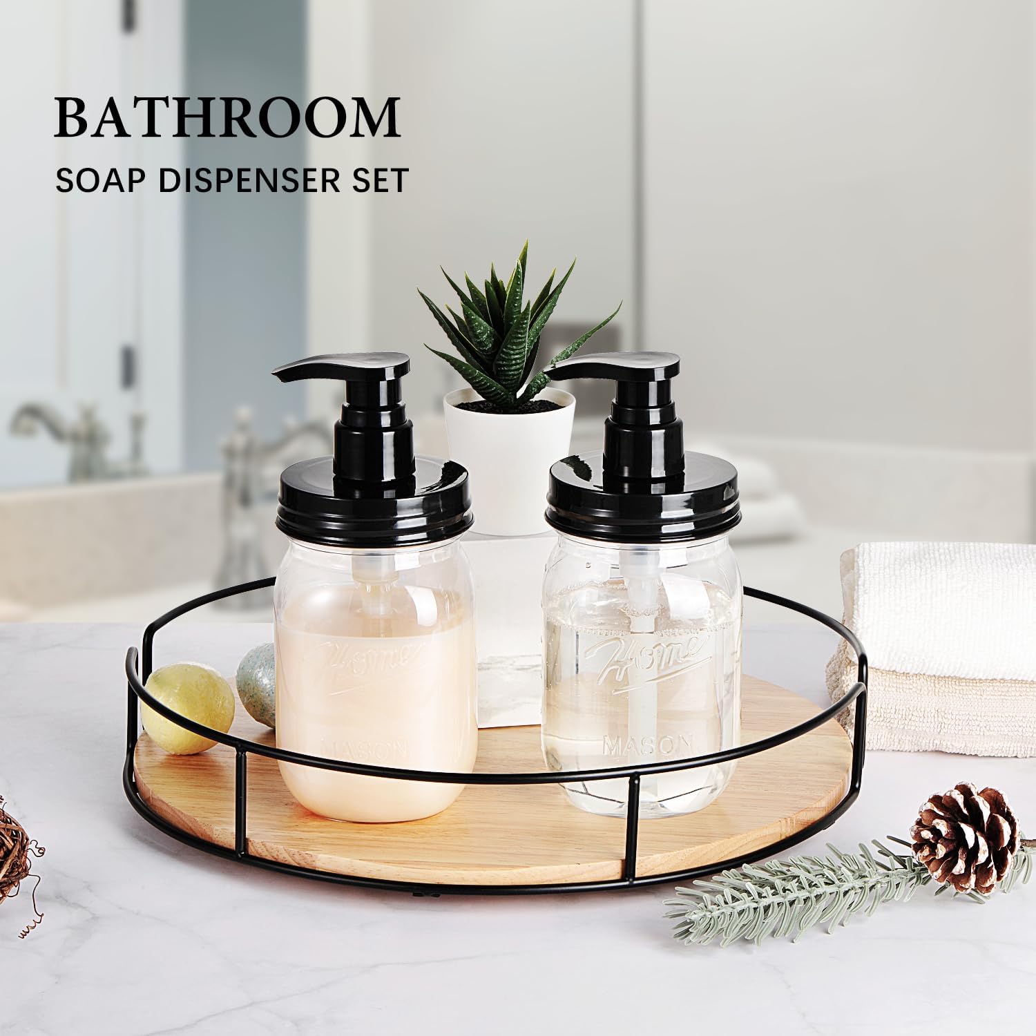 Plastic Mason Jar Soap Dispenser with Pump Lid 16OZ, 2 Pack | Refillable BPA-Free Hand Soap Dispenser Set with Cute