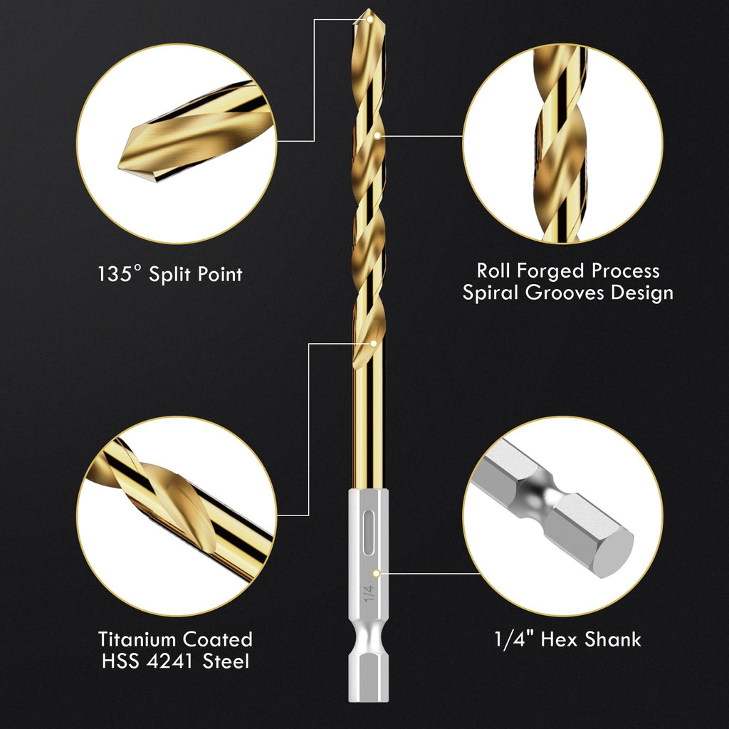 MACXCOIP 16Pcs 1/4" Hex Shank Titanium Twist Drill Bit Set