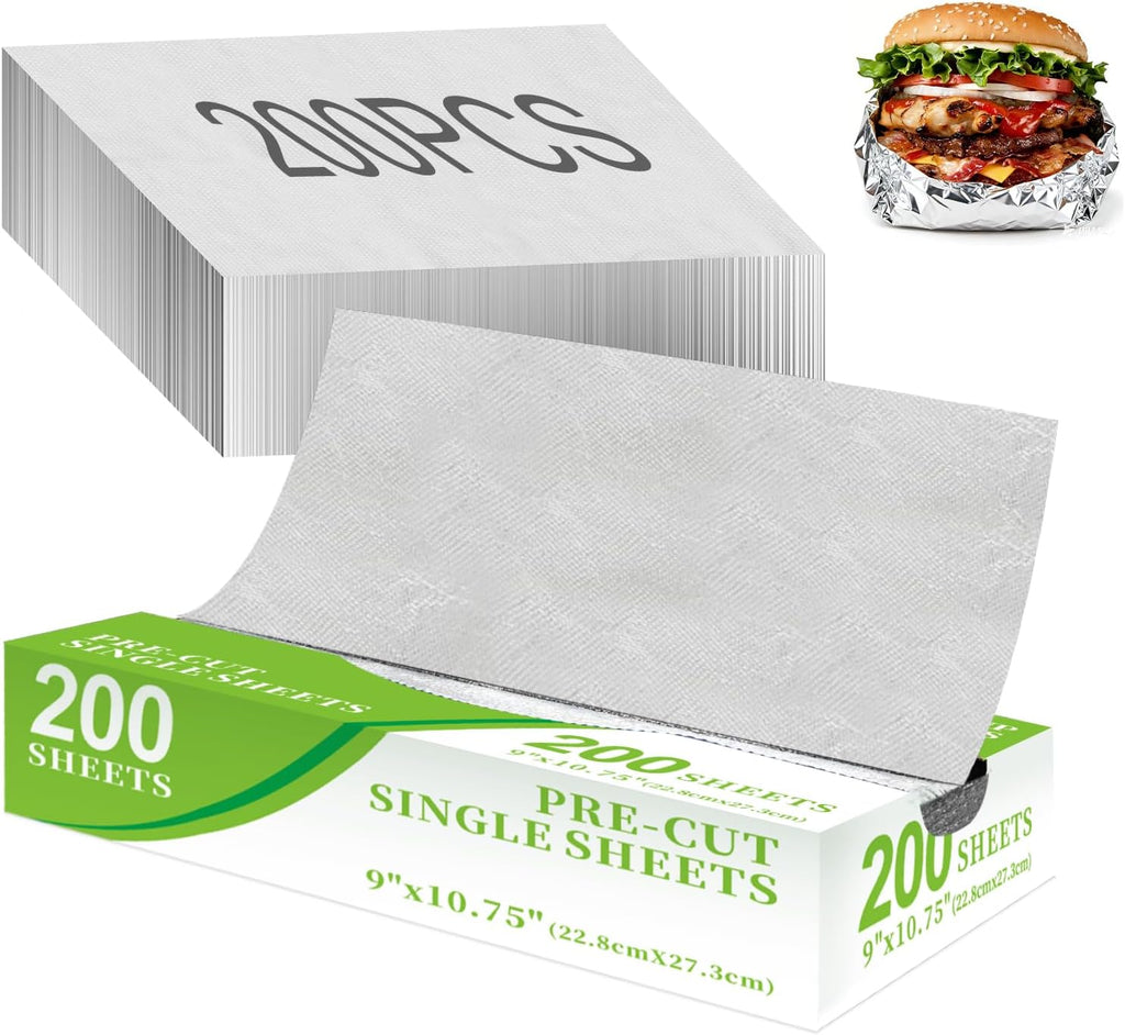 200 Pre-Cut Aluminum Foil Sheets, 9" x 10.75" Pop-Up Foil Sheets for Food, Easy Dispense Packaging, Premium Aluminum