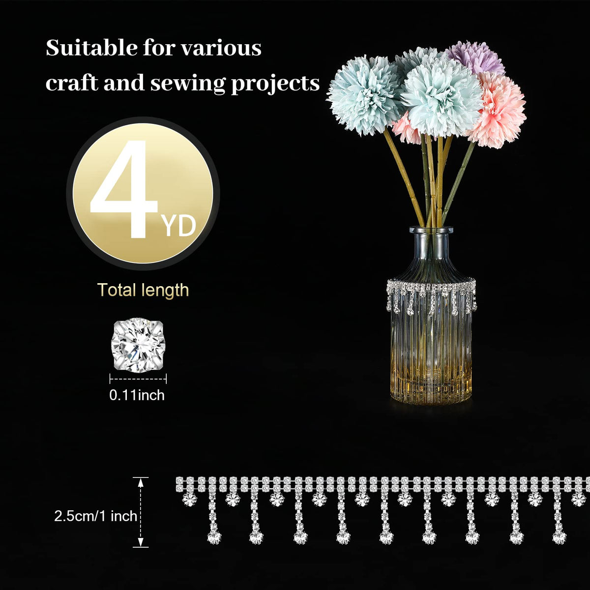 2 Yard Rhinestone Fringe Trim Gold Crystal Cuttable,4 Yards,Silver