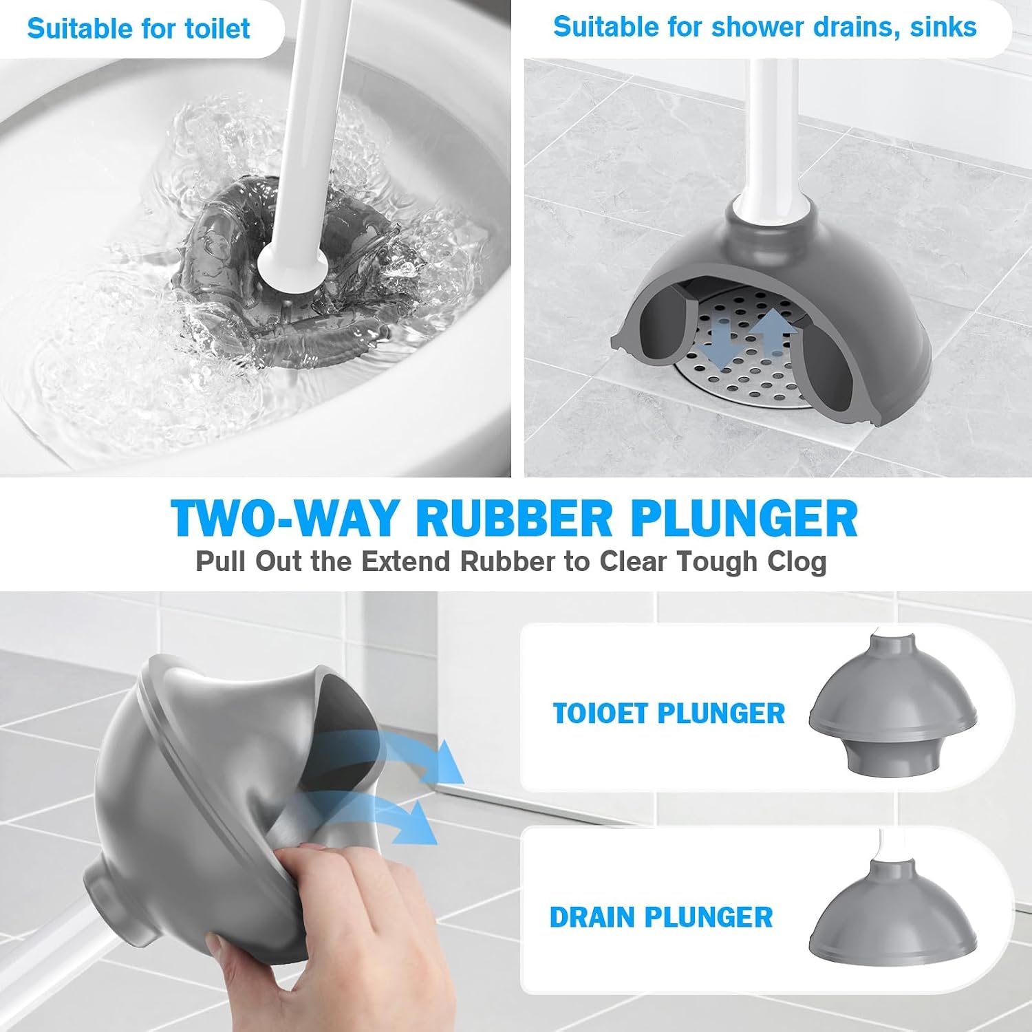 Toilet Plunger and Brush Set, Bowl Brush and Heavy Duty Toilet Plunger with Ventilated Holder, 2-in-1 Toilet Brush