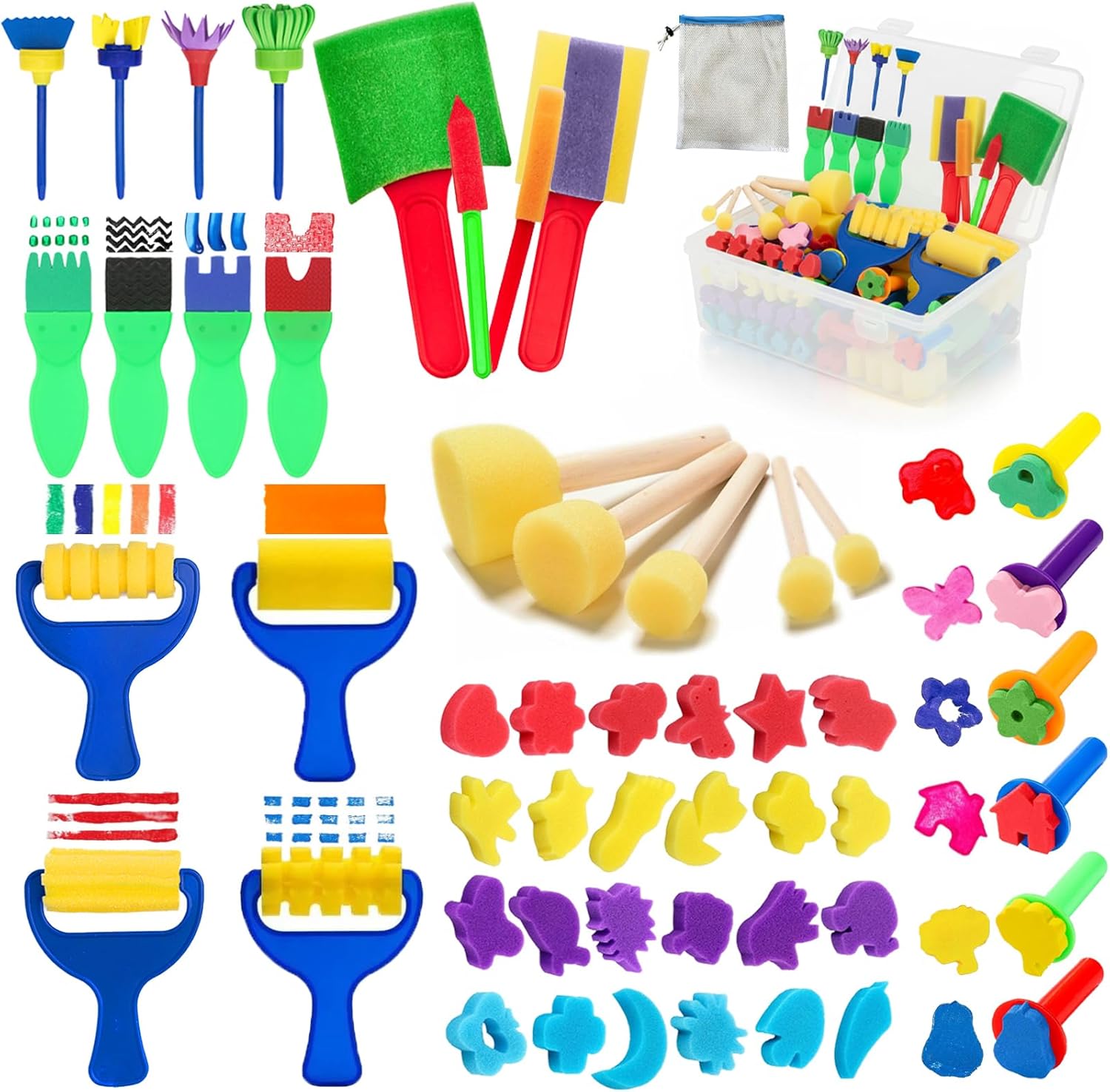 53-Pack Sponge Paint Brushes, Washable Painting Brushes, Toddler Painting Set, Early Learning Foam Roller Sponge Art