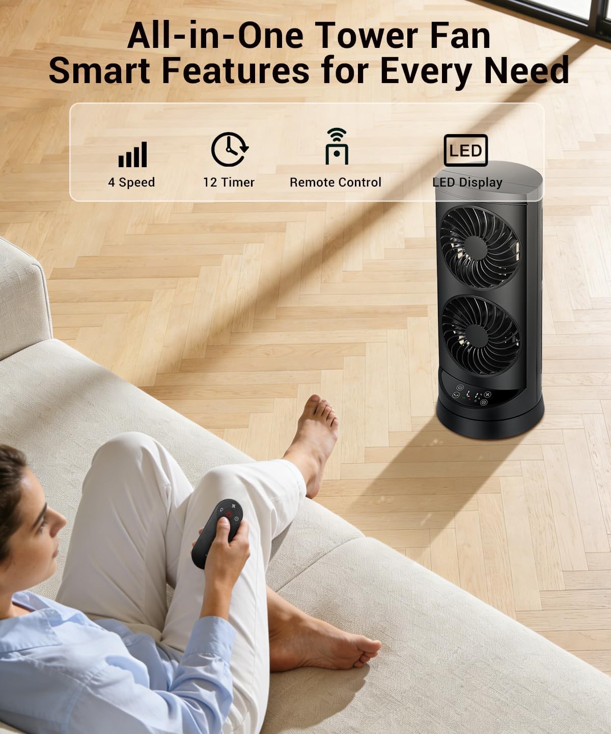 Tower Fan for Bedroom,24 ft/s Portable Desk Table Fan with Remote | 4 Speeds,12H Timer,60° & 110° Oscillating