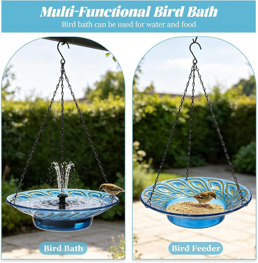 12.2" Hanging Glass Bird Bath for Outdoors, Blue Peacock Feather Pattern