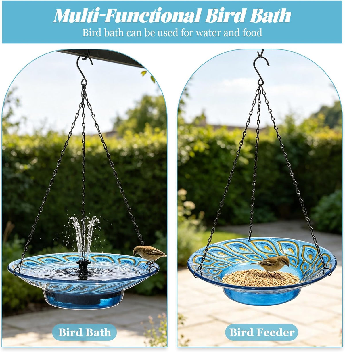 12.2" Hanging Glass Bird Bath for Outdoors, Blue Peacock Feather Pattern