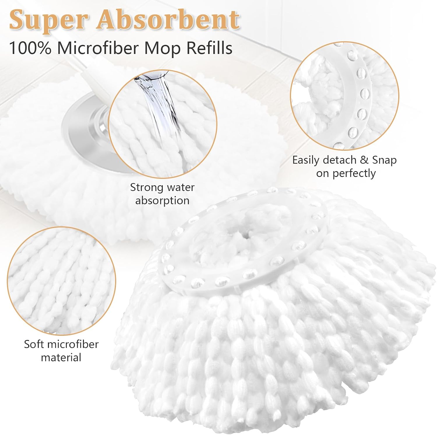 6 Pack Spin Mop Replacement Head for 360° Spin Mop System, Standard Size Round Shape Spin Mop Replacement Head